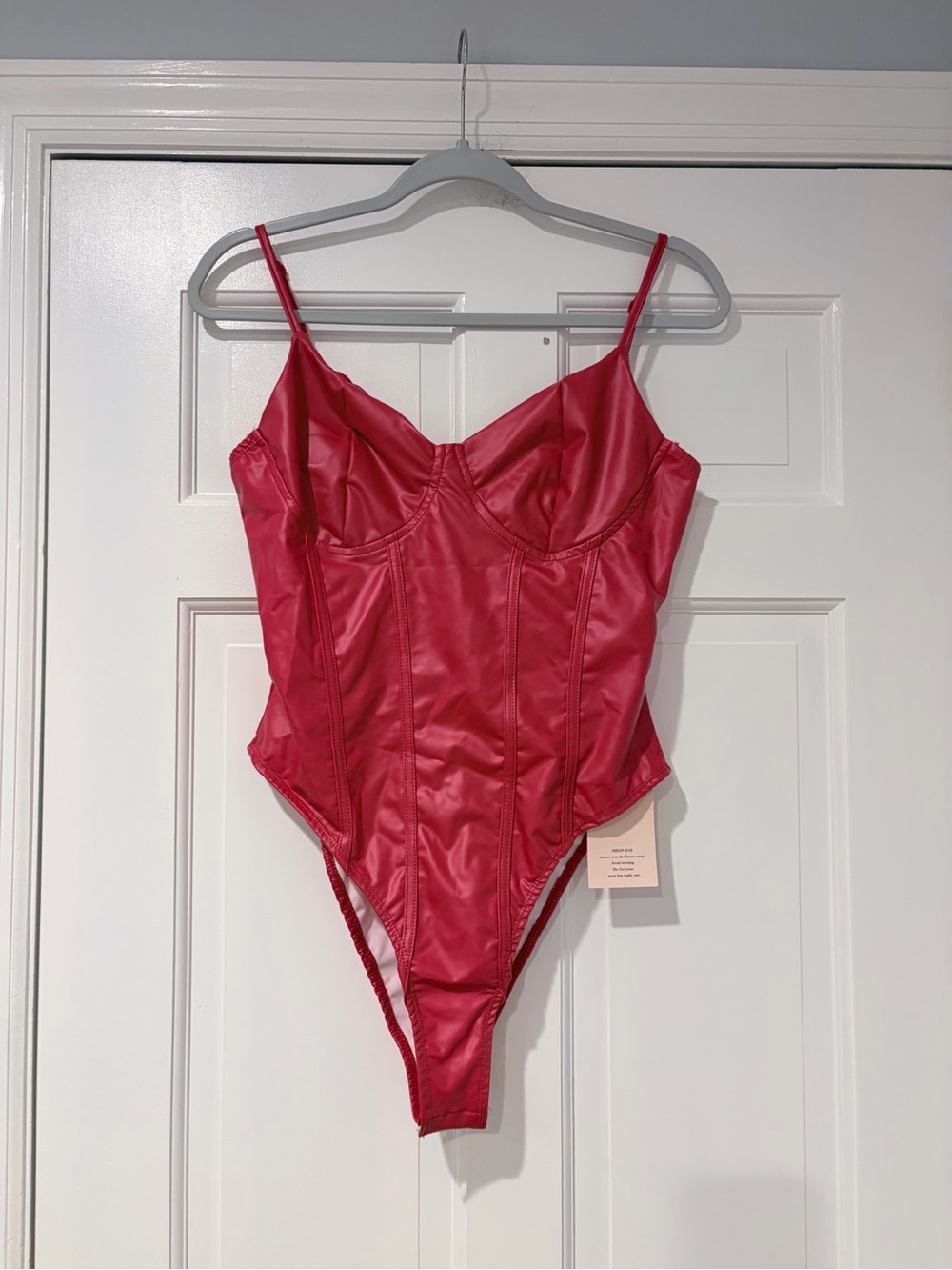 SHEIN Red Faux Leather Bustier Thong Bodysuit